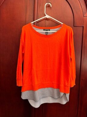 Lauren Ralph Lauren orange crewneck layered sweater top w/ striped underlay Sm